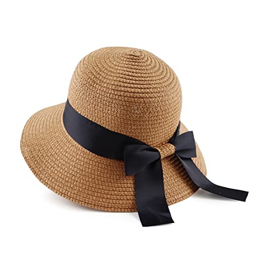 Zsedrut Women,Little Girls Straw Sun Hat Summer Beach Cap Foldable Visor Floppy Hats Wide Brim with Bowknot - color: Khaki2, size: One Size