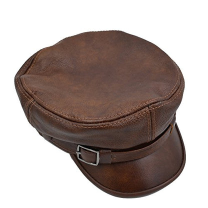 Adult Genuine Leather Fiddler Cap Flat Top Maciejówka Breton Style Mariner's Cap - color: Brown, size: Medium