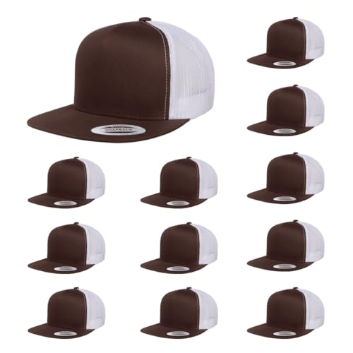 Yupoong 5-Panel YP Classic Trucker Cap | High Profile Flat Visor Snapback - color: Brown/White
