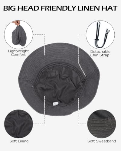 Zylioo XXL Linen Bucket Hat for Big Heads, Summer Travel Sun Hat - color: Black, size: Large-X-Large