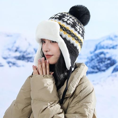 Women Winter Beanie Hat Thick Fleece Lined Warm Earflap Trapper Hat Pom Pom Jacquard Knited Outdoor Ski Snow Cap - color: Style 2-black