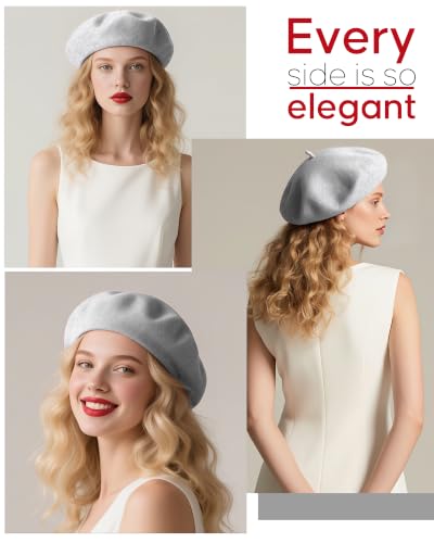 French Beret Hats for Women - Wool Solid Color Beanie Cap - color: Melange Grey