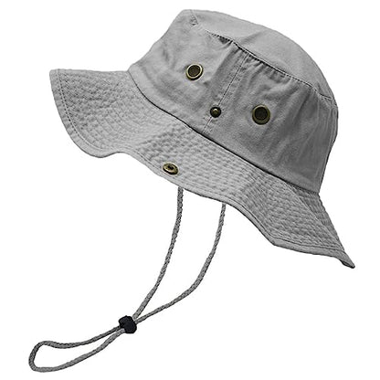 Glory Max Washed Cotton Bucket Hat with Chin Strap Fishing Sun Safari Boonie Cap - color: Gray, size: Small-Medium