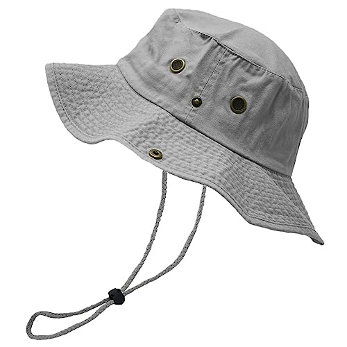 Glory Max Washed Cotton Bucket Hat with Chin Strap Fishing Sun Safari Boonie Cap - color: Gray, size: Small-Medium