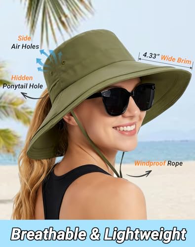Rosoz Women Sun Hat with Ponytail Hole Wide Brim Bucket Hats UPF 50+ Beach Hiking Gardening Hat Water-Resistant Outdoot Hat - color: Green