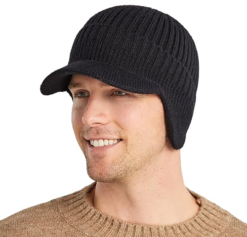 Men Warm Baseball Beanie Hat with Earflap Winter Visor Brim Knitted Caps Thicken Plush Lined Skull Ski Hat
