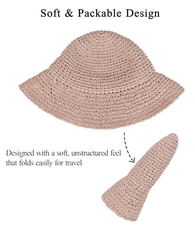 Womens Crochet Straw Sun Hat Foldable Floppy Wide Brim Beach Hat for Summer - color: Pink