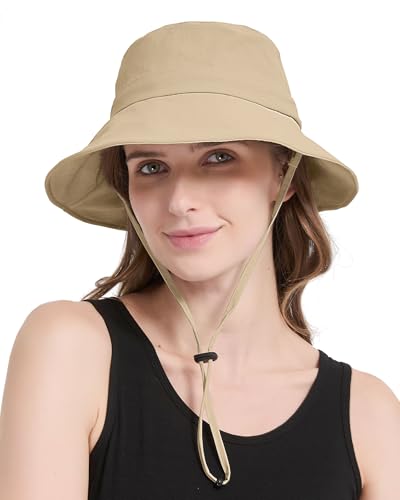 Waterproof Bucket Hat Hiking Hat for Women, Wide Brim Rain Hat UV Protection Sun Hat Packable Boonie Hat for Fishing Beach - color: Khaki