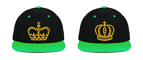 King & Queen Crowns, Perfect Couple, Fine Finished Embroidery (2 Snapback Hats) - color: Black-green Brim