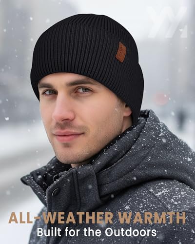 Fleece Lined Winter Beanie for Men Women Warm Windproof Beanies Hats Thick Knit Winter Hat for Cold Weather - color: Black