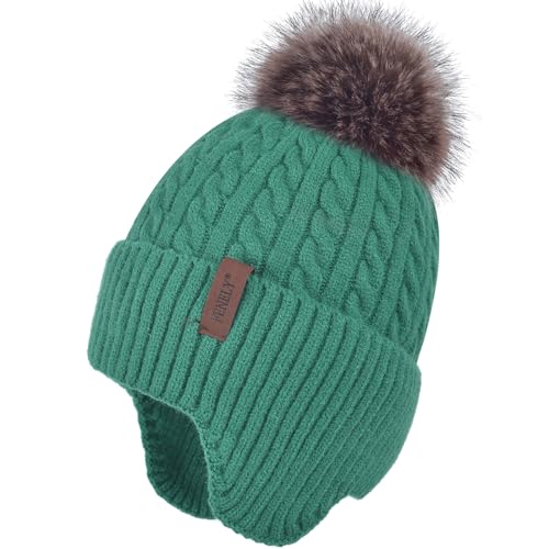 FENELY Women's Knitted Warm Beanie Winter Hat, Warm Chunky Snow Hat with Pompom - color: Green