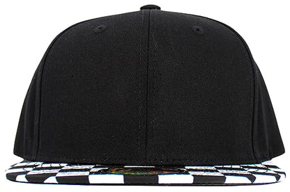 KBETHOS Classic Snapback Hat Blank Cap Underbrim Cotton Wool Blend Flat Visor Adjustable Unisex - color: Black White Checkered Brim Snapback