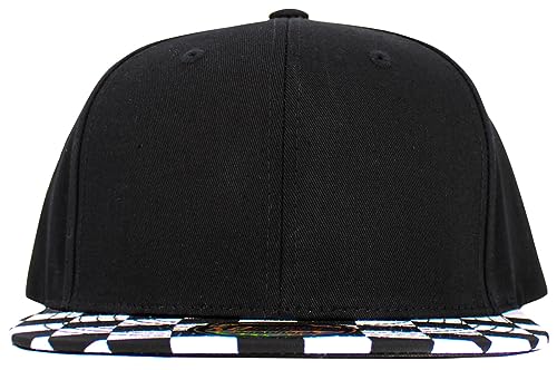 KBETHOS Classic Snapback Hat Blank Cap Underbrim Cotton Wool Blend Flat Visor Adjustable Unisex - color: Black White Checkered Brim Snapback