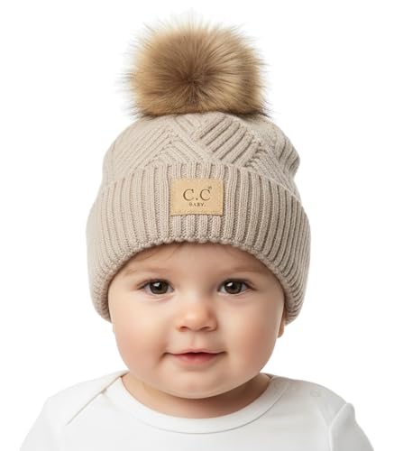 Funky Junque Baby Pom Pom Beanie – Soft Knit Infant Winter Hat for Baby Girls & Boys, Cozy Warm Newborn Beanie 0–12 Months - color: Diagonal Basketweave Pattern - Multi Beige
