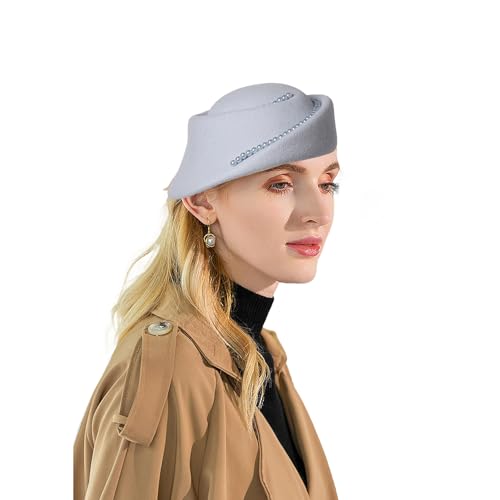 Small Top Hats for Women Elegant Winter Vintage Beret Wool Felt Fedoras Ladies Luxury Wedding and Church Cap Female - color: Light Blue 2