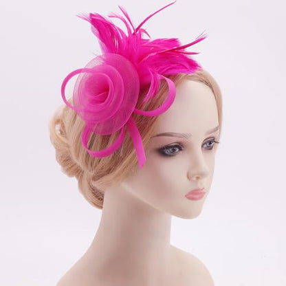 DRESHOW Fascinators Hats for Women Tulle Feather Tea Party Fascinator Hats - color: Rose Red