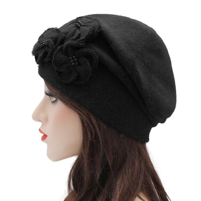 ZLYC Women Floral Slouchy Beanie Hat Double Layer Winter Knit Skull Cap - color: Solid Black