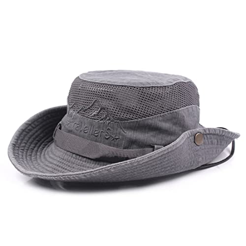 Sun Hat Men Cotton Embroidery Wide Brim Bucket Safari Boonie - color: Grey, size: 6 7/8-7 1/4