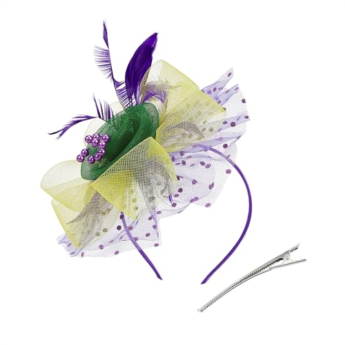 Zando 2026 Mesh Ken-Tucky Derby Fascinators Hats for Women Girls with Clip and Headband Vintage Wedding Church Tea Party - color: 02 Yellow & Green & Purple