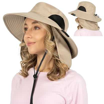 SUN CUBE Wide Brim Sun Hat for Men & Women, UPF 50+ UV Protection, Mesh Boonie Hat with Chin Strap, Fishing Hiking Hat - color: Tan With Flap
