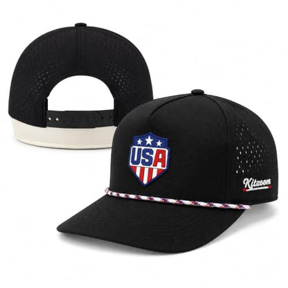 Patriotic Golf Rope Hat for Men, 5 Panel Adjustable Snapback Outdoor Cap - color: Black
