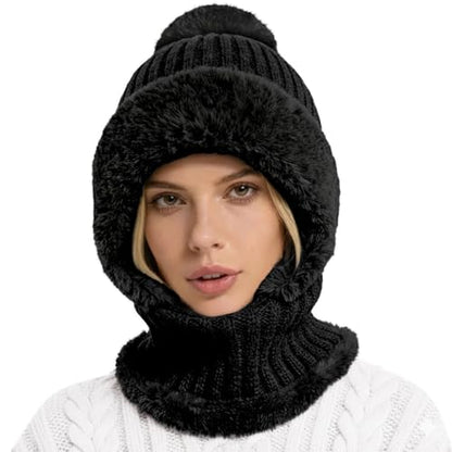 AQOKKA 3 in 1 Knit Fleece Lined Beanie Hat with Scarf and Mask Warm - color: Black
