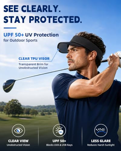 Transparent Sun Visor Hat for Women Men - UPF 50+ Clear Brim Adjustable Drawstring for Golf Tennis Pickleball - color: Black