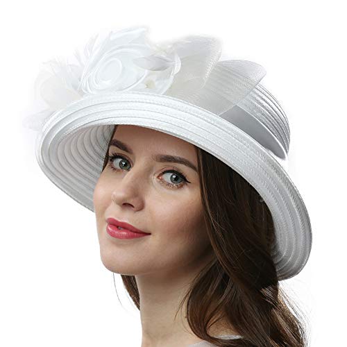 Women Vintage Roll Brim Bowler Cloche Hat for Derby Day, Church, Wedding, Party, Formal Occasion - color: Off-white