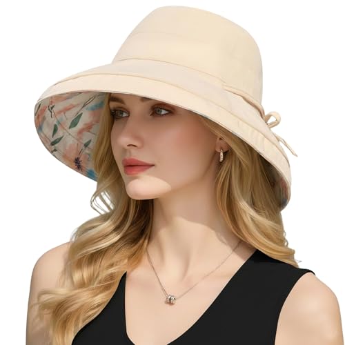 HUAMULAN Women Wide Brim Reversible Sun Hat Summer Beach Fishing Bucket - color: Beige Floral
