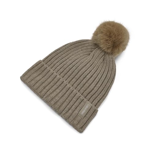 Calvin Klein Women's Faux Fur Pom Winter Beanie with Velboa Fleece Lining - color: Heathered Almond
