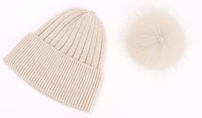 Women's Winter Ribbed Cuffed Beanie Skull Cap with Genuine Raccoon Fur Pom - color: Pink Beige