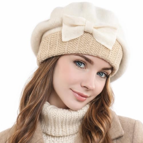 Women Knit 100% Wool Beret Artist Winter French Beret Hats - color: Cream