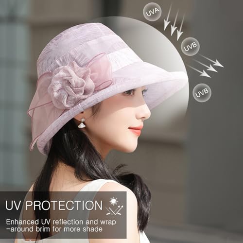 LumiSyne Women's Tulle Sun Hat Floral Bucket Hat Vintage Elegant Cloche Hat with Upturn Brim Summer Cap for Beach Travel - color: Beige