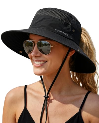 FURTALK Sun Hats for Women UV Protection Wide Brim Ponytail Hiking Hat - color: Black