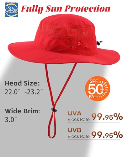 Connectyle UPF 50+ Wide Brim Sun Hat for Men Breathable Cowboy Boonie Hats Outdoor Bucket Hat for Fishing Hiking Safari - color: Red