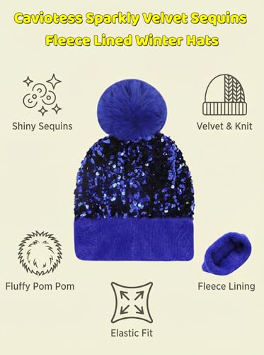 Women Sparkly Sequins Knitted Beanie Hat Warm Winter Skull Cap with Faux Fur Pom Pom - color: Blue