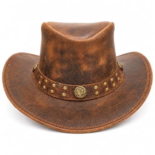 Equine Care Leather Cowboy Hat for Men & Women, Genuine Leather Western - color: Distressed Brown, size: 7 1/4-7 3/8