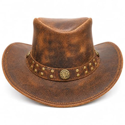 Equine Care Leather Cowboy Hat for Men & Women, Genuine Leather Western - color: Distressed Brown, size: 7 1/4-7 3/8