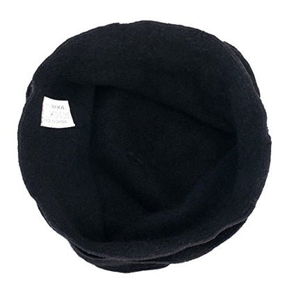 Womens Gatsby 1920s Winter Wool Cap Beret Beanie Crochet Bucket Flower Hat A285 - color: Black