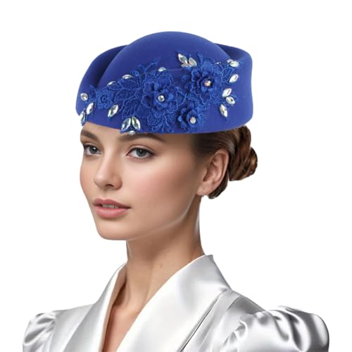 Women Vintage Church Hat Applique Felt Pillbox Hat Fascinator Tea Party Cap - color: Blue