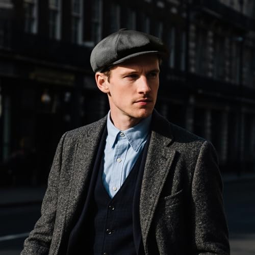 FEINION Men 8 Panel Herringbone Wool Newsboy Cap - color: Black, size: 7 1/2