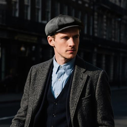 FEINION Men 8 Panel Herringbone Wool Newsboy Cap - color: Black, size: 7 1/4