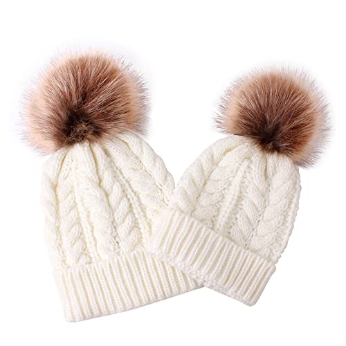 2PCS Parent-Child Knit Hat Family Matching Winter Warmer Hat Mother & Baby Crochet Beanie Ski Cap with Pom - color: White
