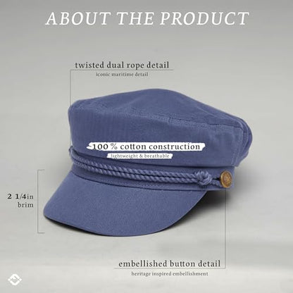 Funky Junque Greek Fisherman Newsboy Cap, Cotton Captains Bakerboy Hat - color: Navy