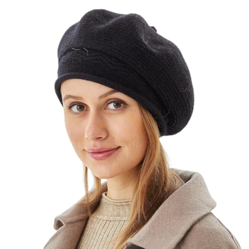 FENELY Beret Hat for Women, French Style Beanie Winter Fashion Warm Thickened Lining Knit Cap - color: Black