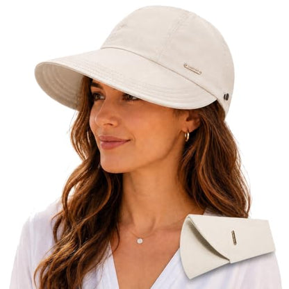 UPF 50+ Foldable Packable Wide Brim Sun Hat for Women with Ponytail Hole - color: Beige