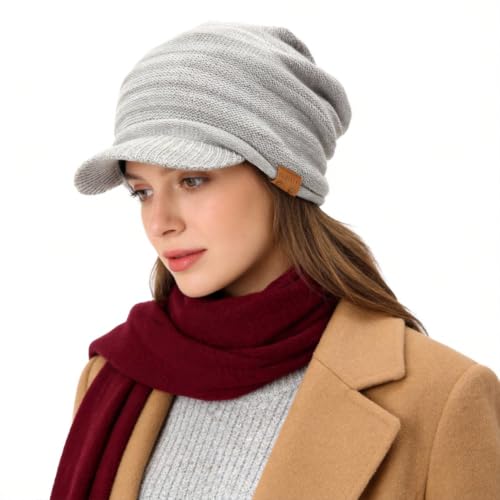 Ruphedy Mens Beanie with Brim Winter Hat Knitted Thick Fleece Visor Beanie - color: B319-light Grey