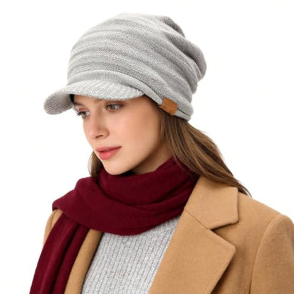 Ruphedy Mens Beanie with Brim Winter Hat Knitted Thick Fleece Visor Beanie - color: B319-light Grey