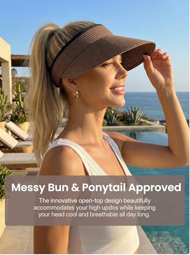 Sun Visor Hat for Women Summer Beach Vacation Essential Ponytail Friendly Travel Foldable Packable UPF 50+ - color: Brown