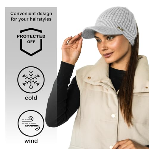 Beanie Visor - Womens Winter Wool Knit Hat with Brim - Billed Knit Cap Newsboy Hats - color: Ponytail Light Gray